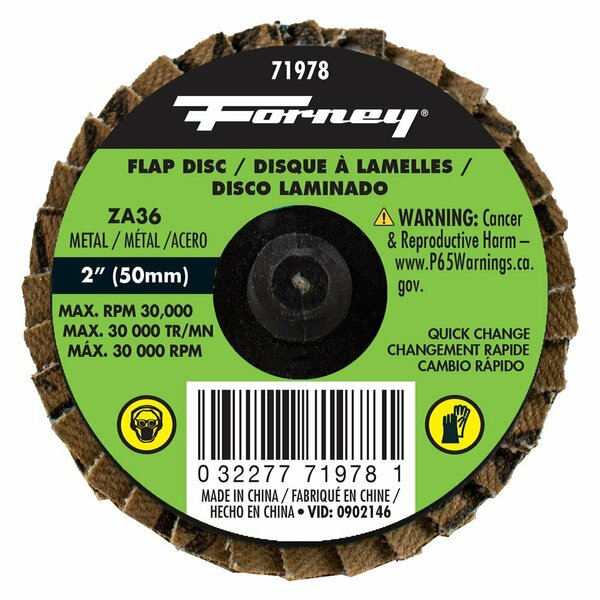 Forney Quick Change Flap Disc, 36 Grit, 2 in 71978